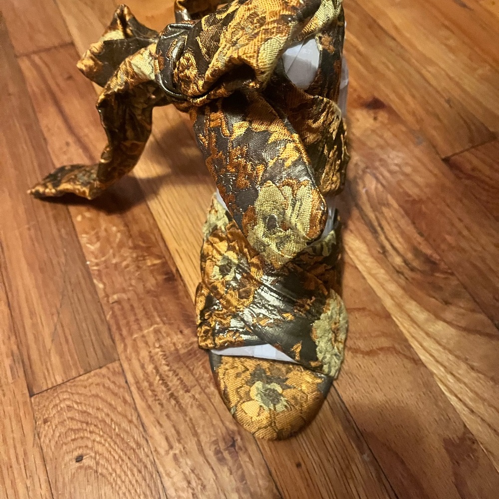 Floral Gold and Green Heeled Sandals